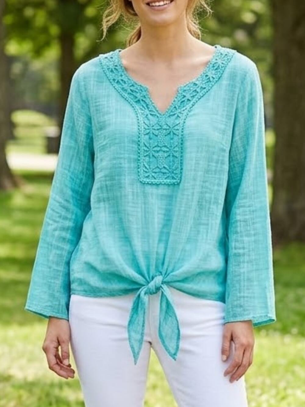 SPENSE Embroidered Tie Front Blouse L Boho Gauzy Lightweight Top